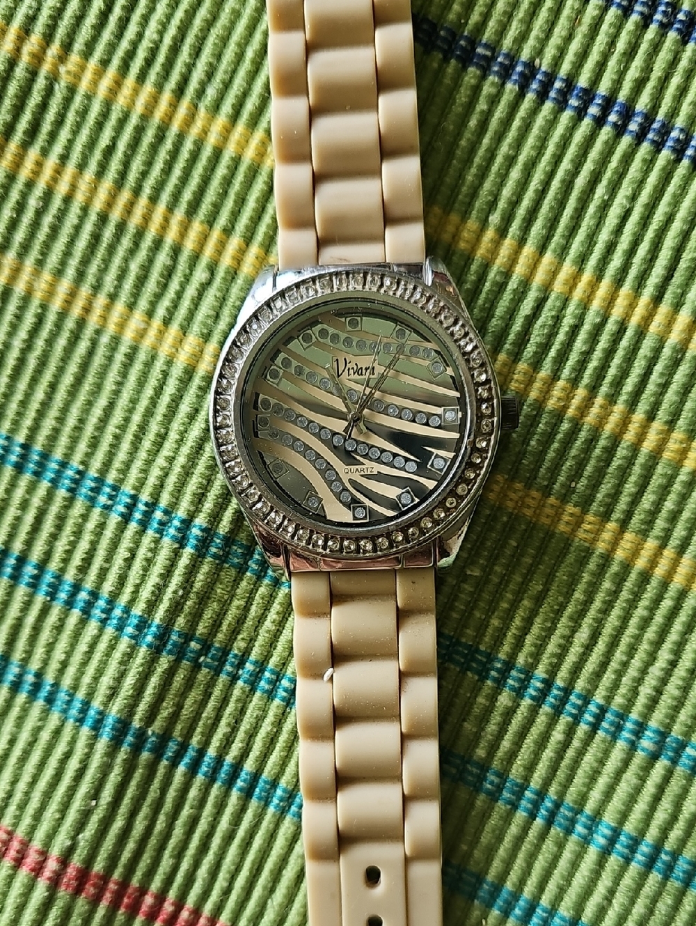 VIVARI Beige Crystal-Accent Women's Silicone Strap Watch